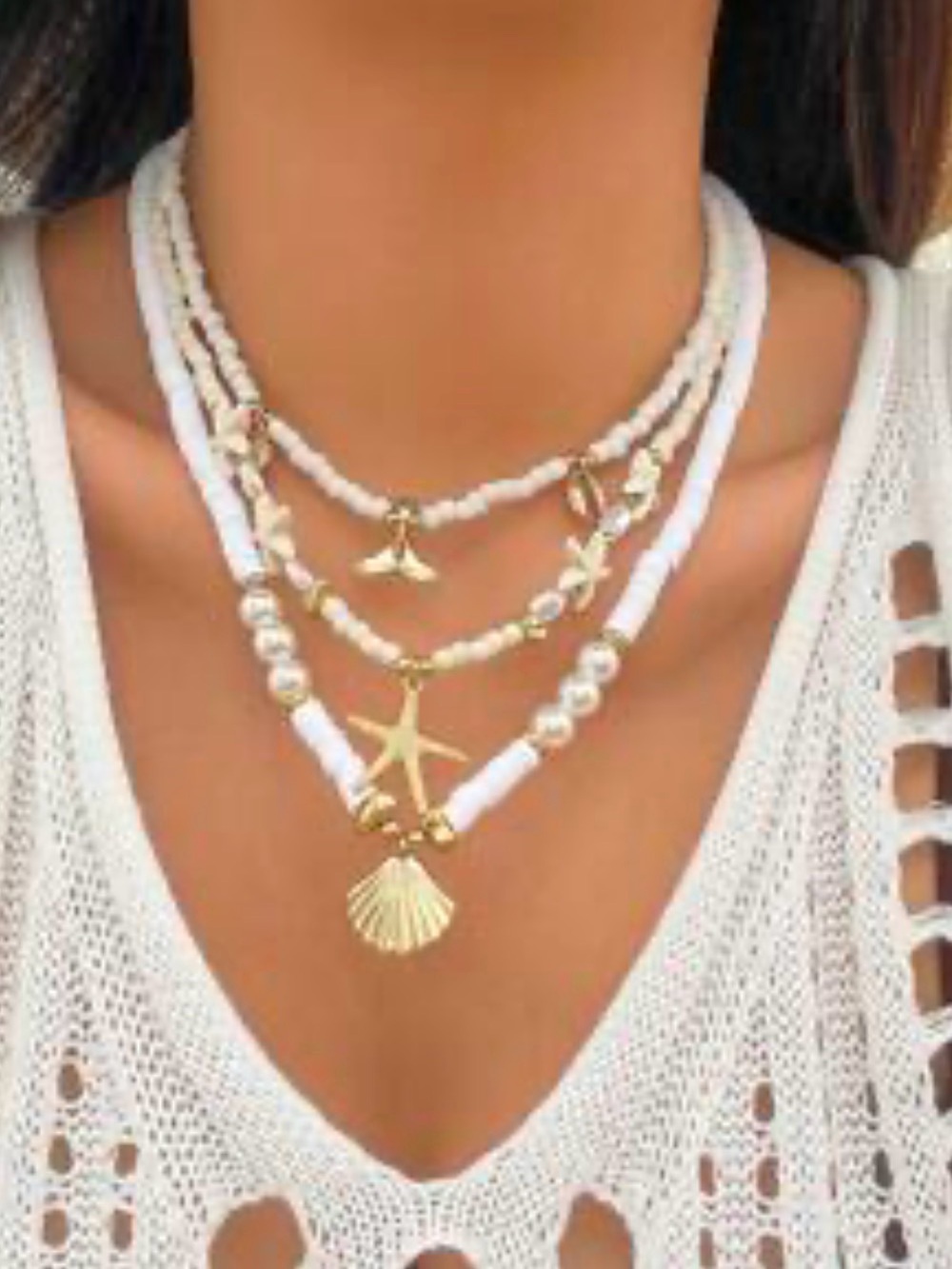 Fashion Jewelry Gold-Tone Shell & Starfish Layered Necklace with White Beads